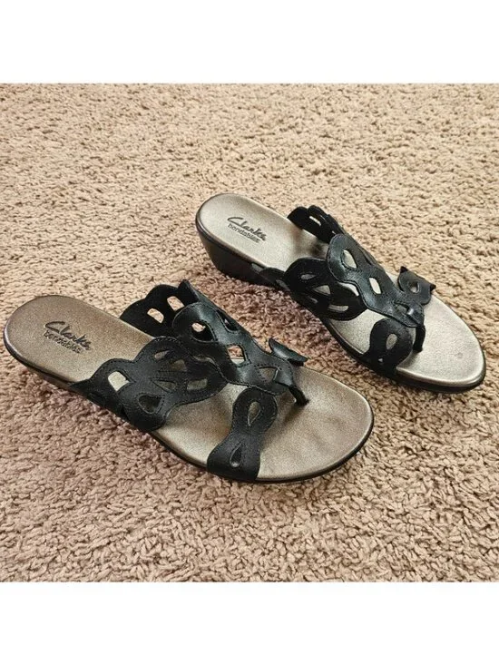 Clarks Bendables Wedge Sandals Womens 10M Black 37059 Comfort Slip On Slides - Picture 2 of 10